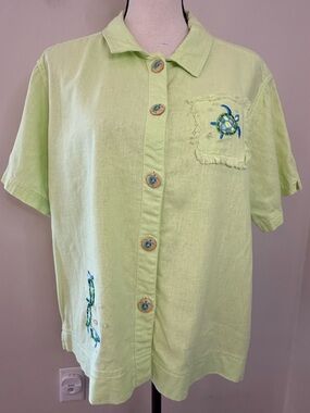 Sunbay Sport green linen blend top embroidered turtles sequins PXL